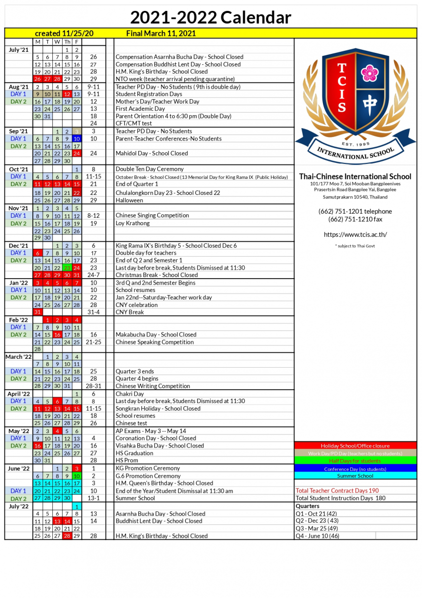 School Calendar and Canteen Menu | Thai-Chinese International School