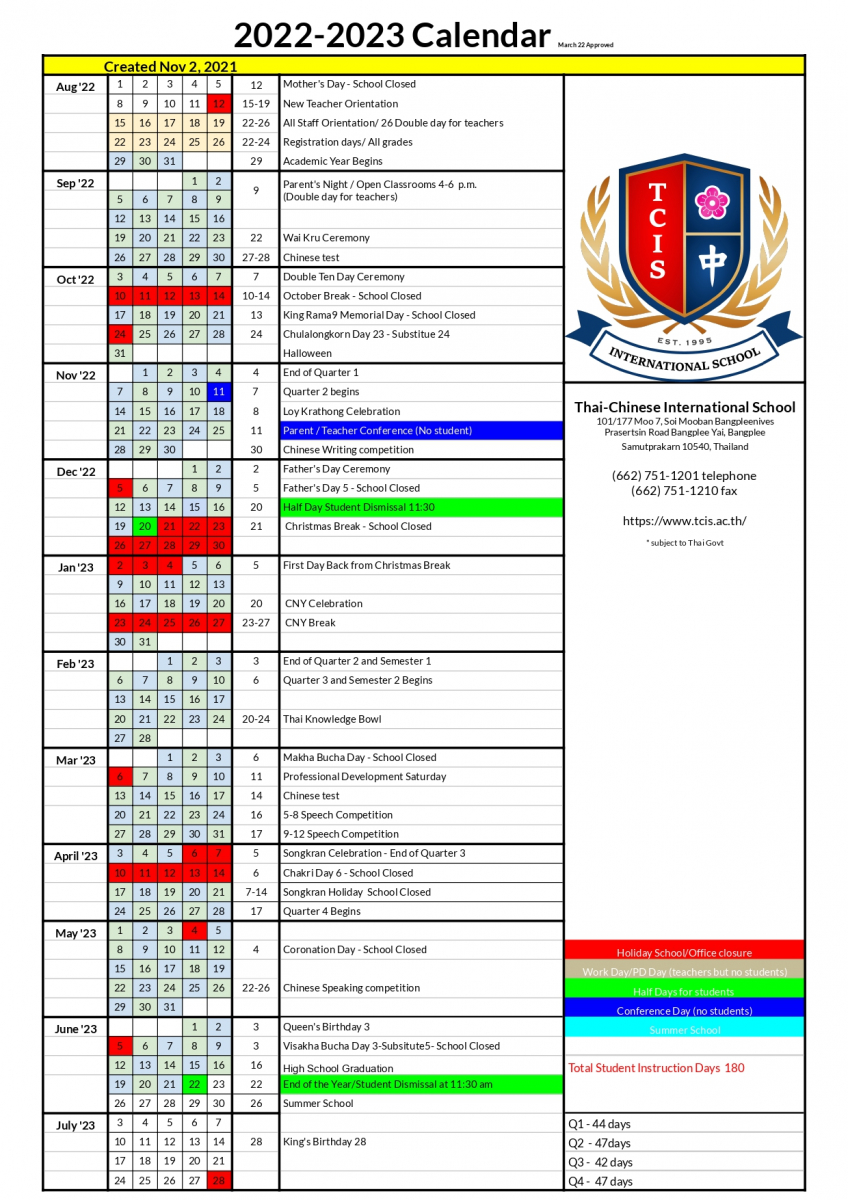 School Calendar and Canteen Menu | Thai-Chinese International School